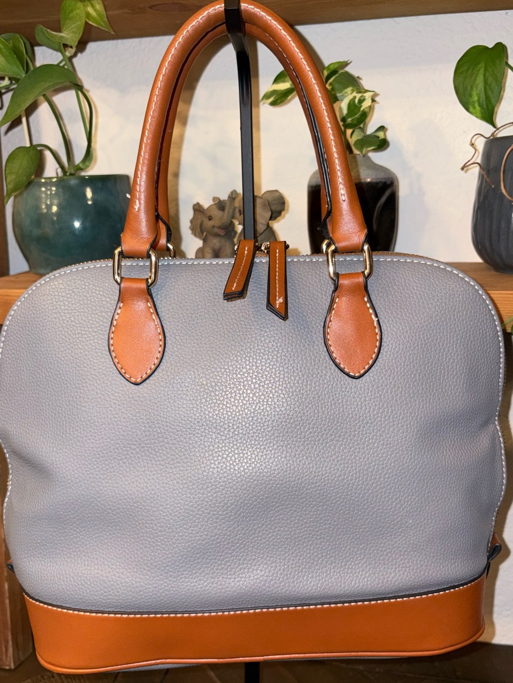 Dooney & Bourke Gray and Tan Pebbled Leather Dome Satchel - Picture 4 of 11